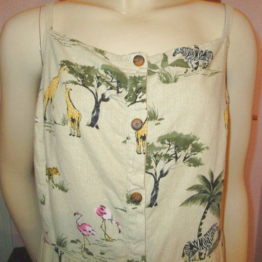 Old Navy Shirt Dress Size XXL Linen Blend Midi Smocked Sleeveless Safari Animals - Picture 2 of 9